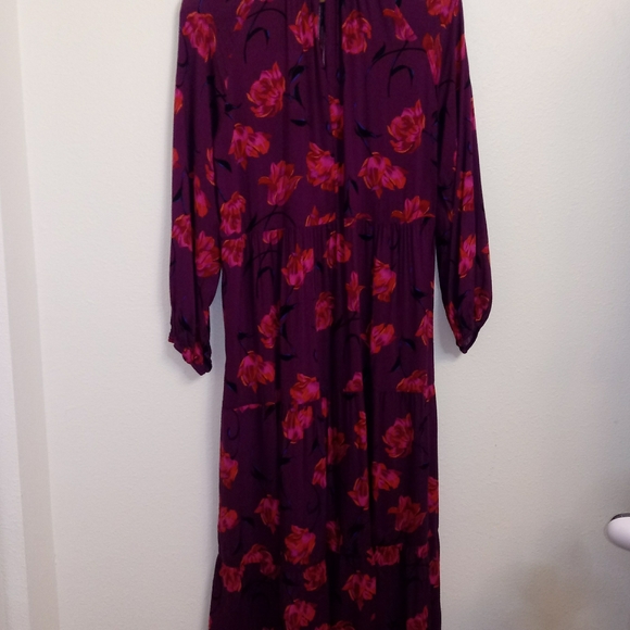Purple Floral L/S Band Collar Midi Dress - Picture 2 of 14